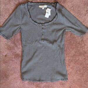 LOFT Black and White Striped Short Sleeve Henley Tee